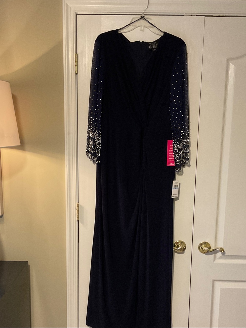 Alex Evenings Navy Long Sleeve Evening Gown with Embellished Sleeves